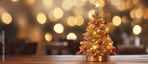 Miniature Christmas tree with beautiful bokeh of Christmas lights on wood table, Generative AI
