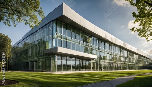 Eco-friendly glass office featuring sustainable building with green environment and trees