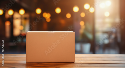 A package on a wooden table, blurred bokeh background. Mockup parcel. Cardboard box with goods. Home delivery, distribution and e-commerce concept. AI generative. photo