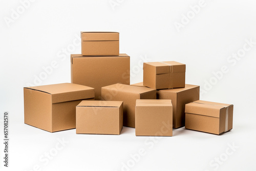 Cardboard packages isolated on white background. Mockup parcel. Boxes with goods, ordered online. Delivery, distribution and e-commerce concept. AI generative. © Anna