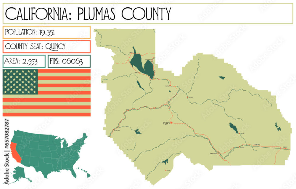 Large and detailed map of Plumas County in California, USA.