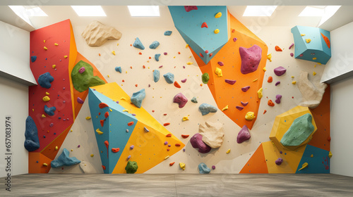 Grey wall with climbing holds in gym.