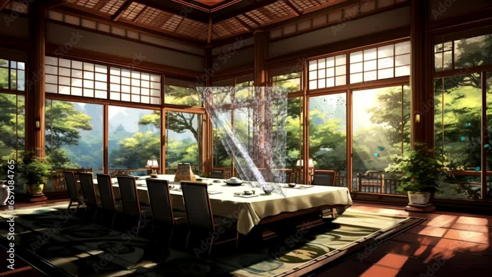 meeting room with typical Japanese style, seamless looping video background animation, cartoon anime style meeting room with typical Japanese style, seamless looping video background animation, cartoon anime style