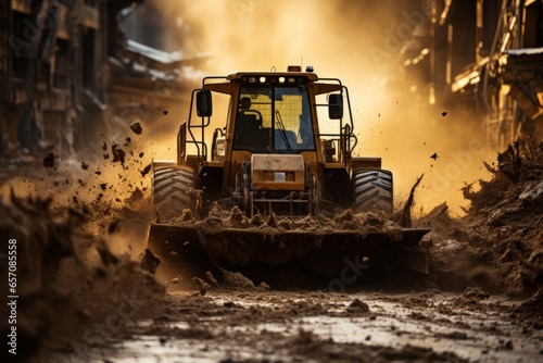 Massive bulldozer clearing a construction site, Generative AI