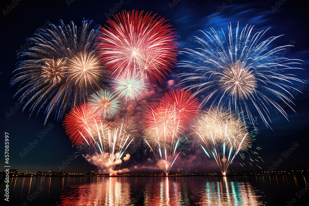 Fireworks light up the sky with dazzling display on city light background. New Year celebration. Abstract holiday background. Fireworks light up the sky with dazzling display on city light background. New Year celebration. Abstract holiday background.