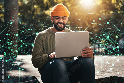 Man, student and laptop hologram of internet, information technology and software development research on campus. African person on computer, data integration and plexus network and university park