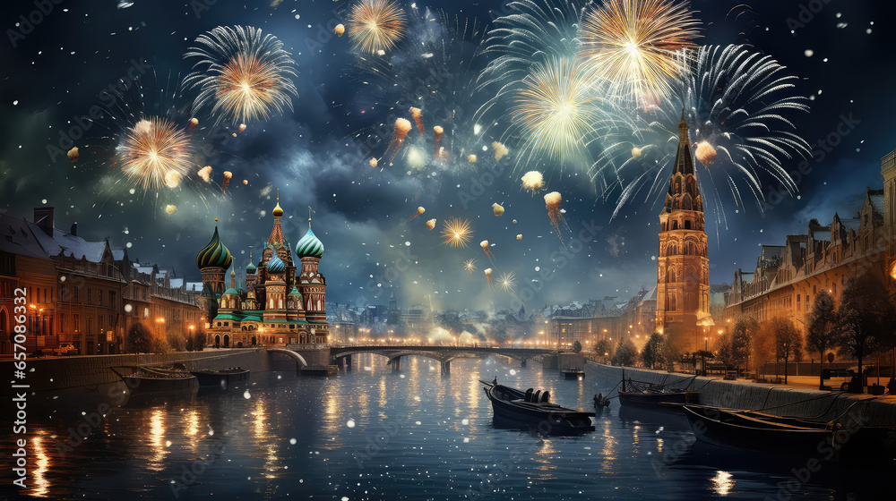 Naklejka premium Fireworks light up the sky with dazzling display on city light background. New Year celebration. Abstract holiday background.