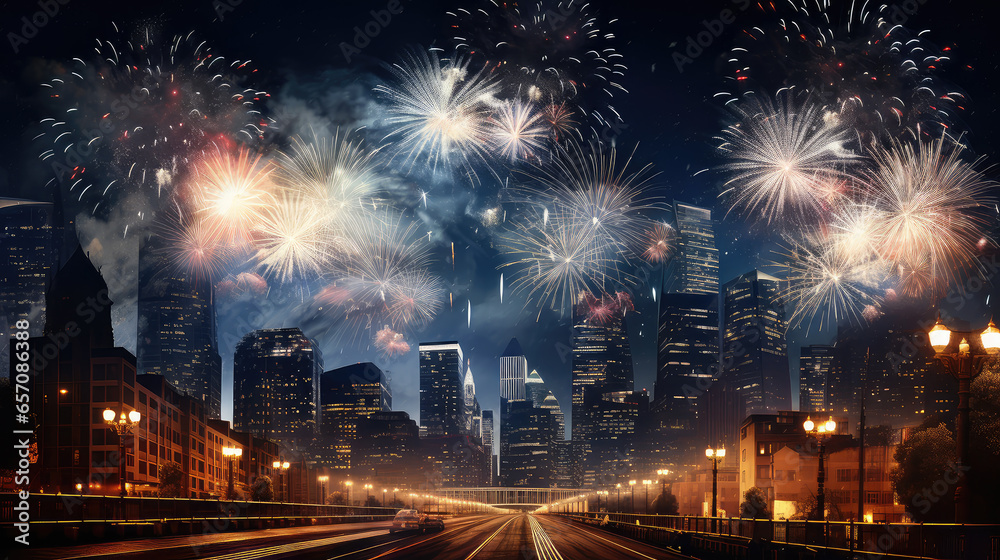 Fireworks light up the sky with dazzling display on city light background. New Year celebration. Abstract holiday background.