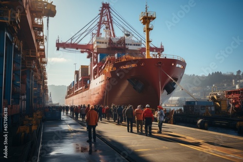 Mobile crane lifting a heavy industrial container onto a cargo ship, Generative AI