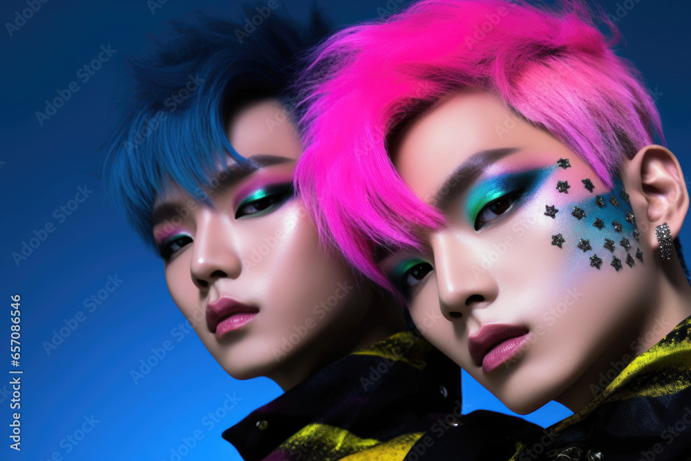Two asian men with different hair colors, blue and pink