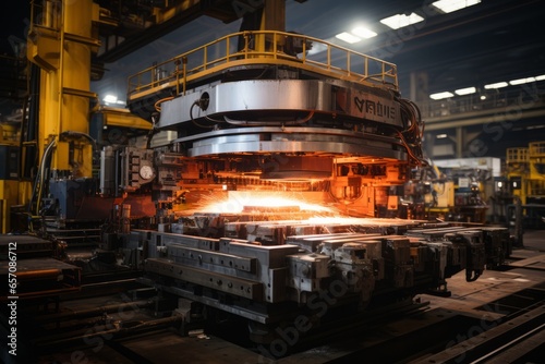 Powerful hydraulic press bending thick steel beams at a metalworking facility, Generative AI photo