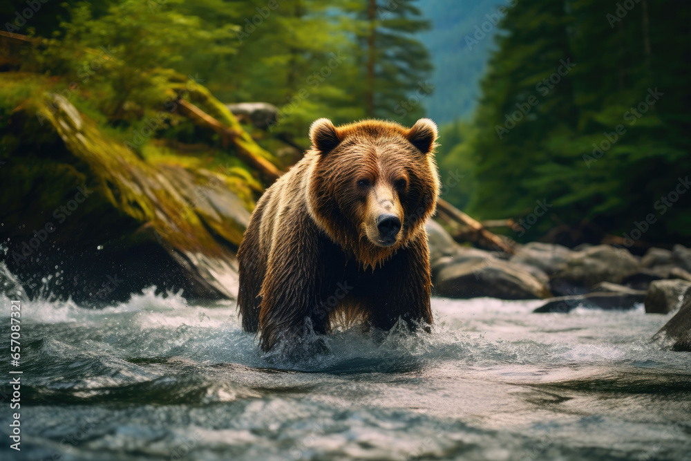 Solitary Grizzly Bear Amidst Fast-Flowing River Solitary Grizzly Bear Amidst Fast-Flowing River