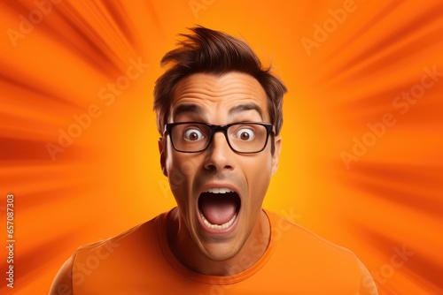 Man expressing shock and surprise against a striking orange background - Startled realization - AI Generated