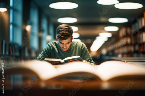 University student immersed in a thick book at a library - Deep study session - AI Generated