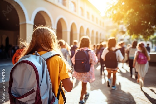 Elementary school kids with backpacks excitedly entering school - First day of school - AI Generated photo