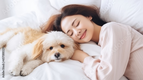 Girl and dog sleeping together comfortably and cuddled in bed in the morning. In bed with best friend dog with happy face to wake up next to your pet