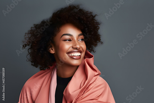 Colorful studio portrait of an ethnic woman smiling happily. Bold, vibrant and minimalist. Generative AI