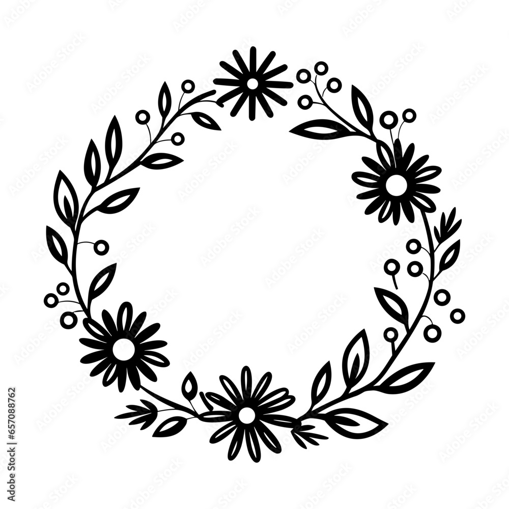 Wreath of wild flowers, Botanical wedding frames with flowers and leaves elements.