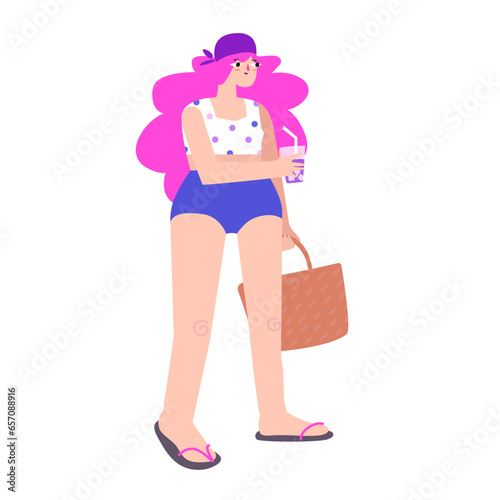 Vector isolated illustration with body positive female character in swim wear on the beach. Flat caucasian woman with pink hair holds coctail glass and bag. Summer vogue and tropical style