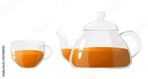 Glass teapot and cup with tea. Transparent glass teapot and cup. Glass tea kettle for boiling water, tableware for tea ceremony at home. Healthy drinks concept