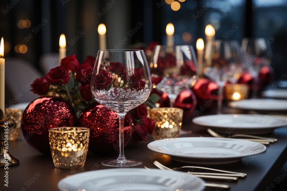 Christmas dinner table setting red roses, candles and Christmas balls