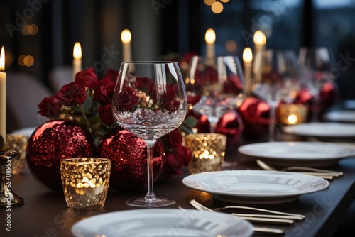 Christmas dinner table setting red roses  candles and Christmas balls