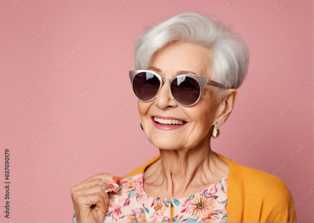 portrait of an elderly happy woman wearing sunglasses