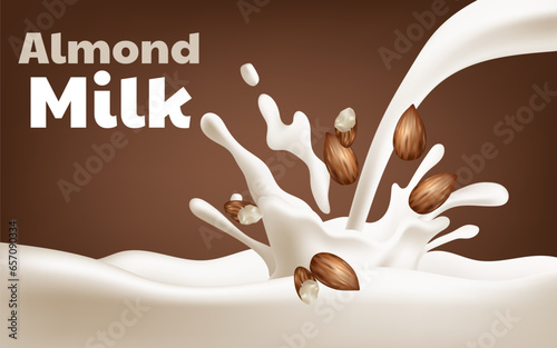 Illustration of fresh almond milk. Realistic dynamic motion of almond milk drops. Ideal for promoting healthy and delicious alternatives in advertisements or packaging. Not AI generated.