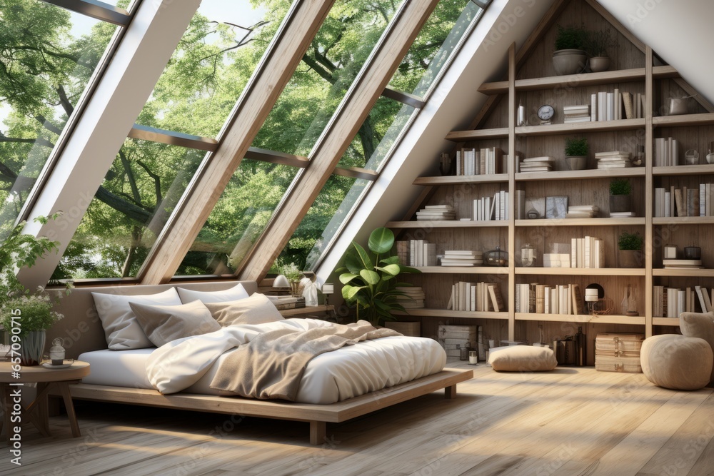 3D rendering of a cozy attic bedroom with sloped ceilings PNG Cutout, Generative AI - obrazy, fototapety, plakaty 