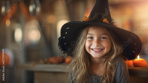 cute little witch surrounded of Halloween Jack-o'-lanterns carved pumpkins