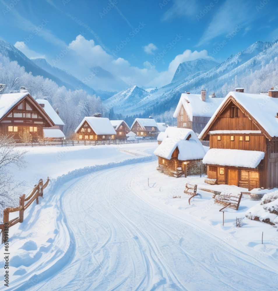 Nice winter landscape. Lovely houses in the snowy valley. Winter walk.