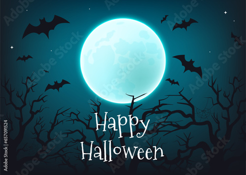 Eerie atmosphere of Happy Halloween vector illustration. A spooky moonlit night featuring a haunting tree, bats, and a full moon. Perfect for party invitations and posters. Not AI generated.