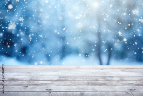 Whimsical Holiday Greetings: Snowy Wooden Floor Under Blue Sky © AIproduction