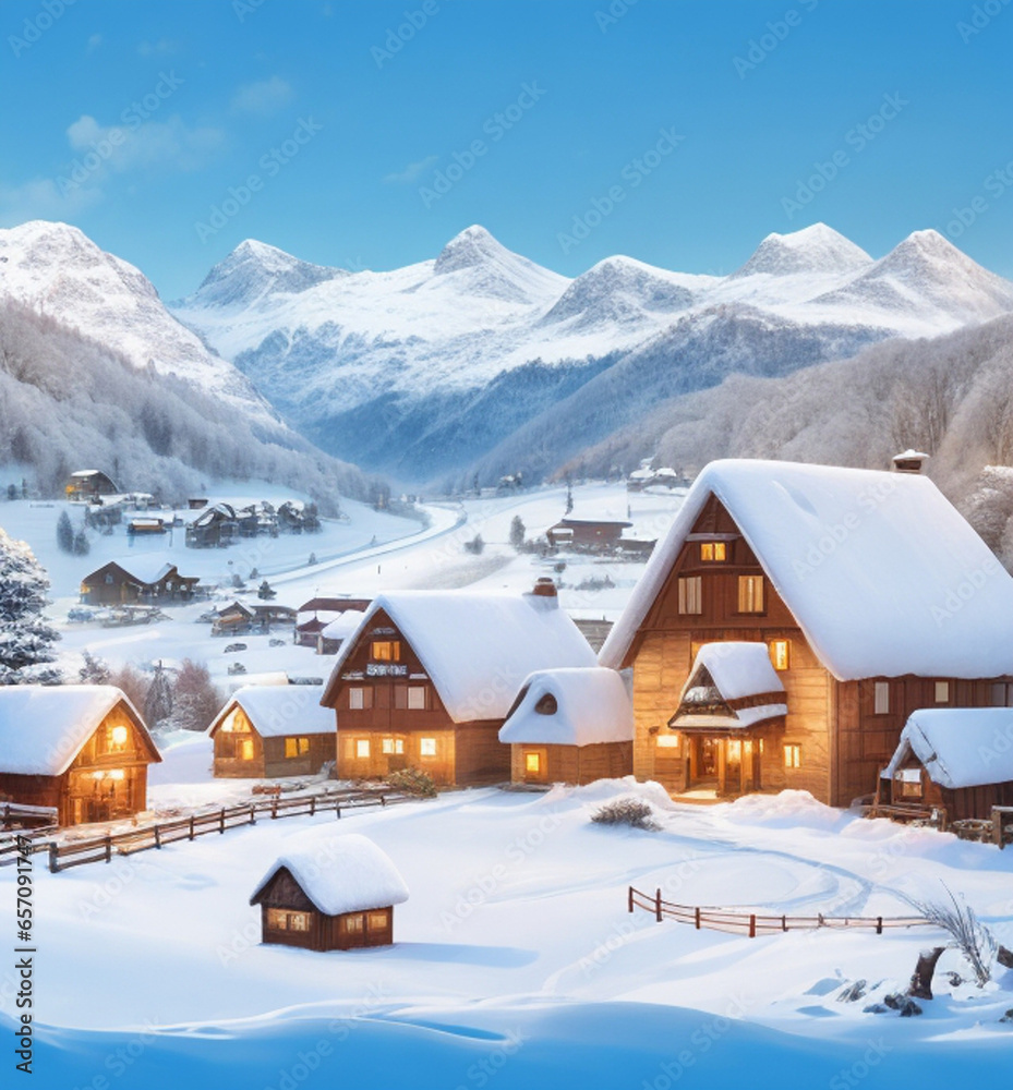 Nice winter landscape. Lovely houses in the snowy valley. Winter walk.