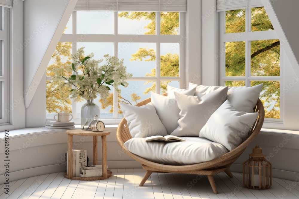 3D rendering of a cozy reading corner with a bay window PNG Cutout, Generative AI - obrazy, fototapety, plakaty 