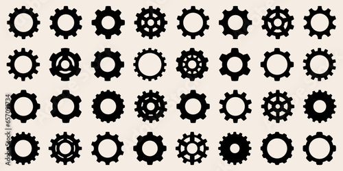 Big collection of sprockets and cogwheels. Gear settings icons. Set of black sprockets. Vector illustrations of different gears
