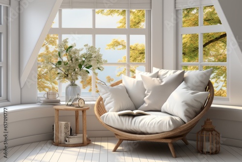 3D rendering of a cozy reading corner with a bay window PNG Cutout, Generative AI photo