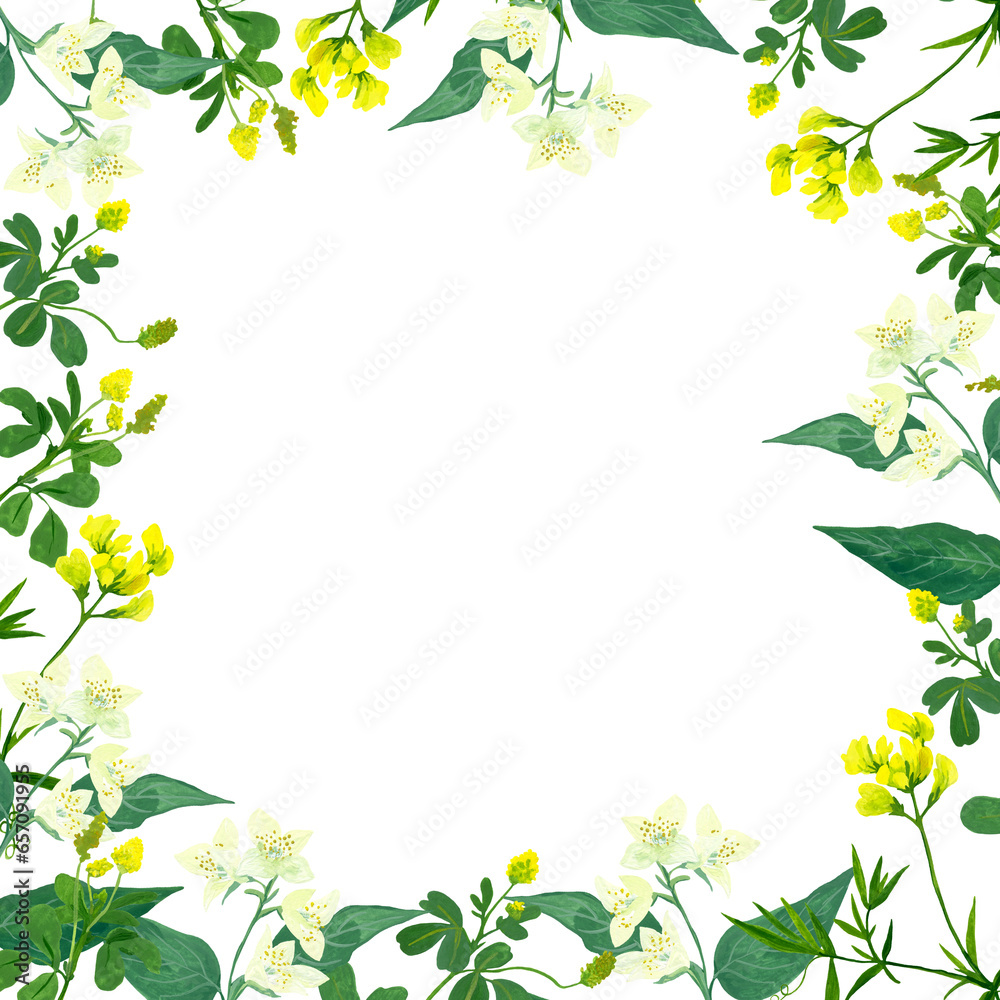 square frame of garden flowers on white background