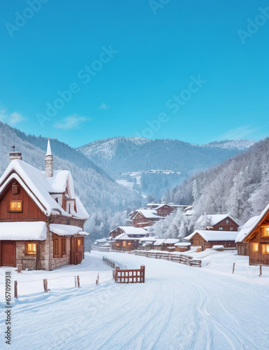 Nice winter landscape. Lovely houses in the snowy valley. Winter walk. © Chanapat