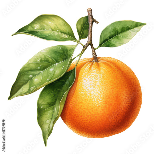 Watercolor orange fruit. Illustrartion of citrus with leaves. AI Generative	 photo
