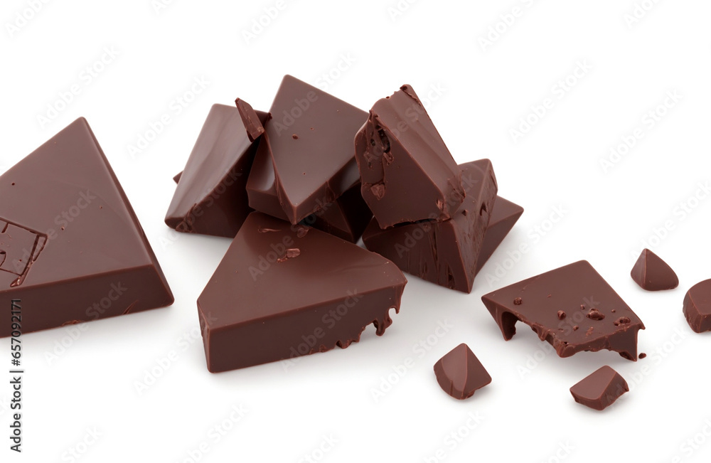 Pieces of dark chocolate isolated on white background 3d view