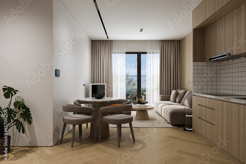 Simple style Interior in trio space living  dining  and open kitchen in a studio apartment  3D rendering