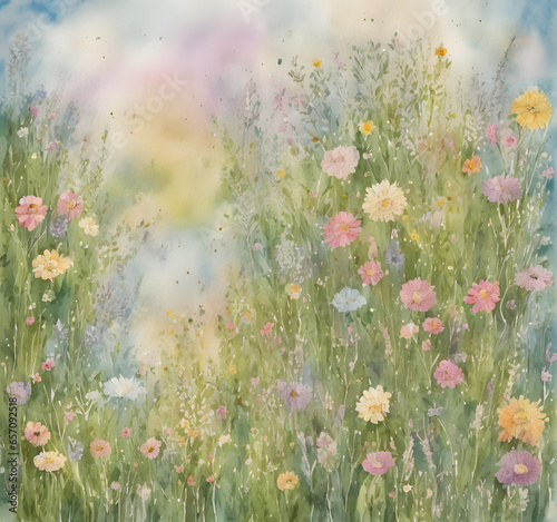 Whimsical Blossom Meadow: Delicate Watercolor Dreamscape. generative AI