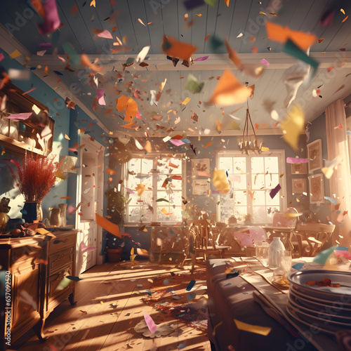 Confetti flies in an apartment with a colorful living room