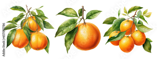 Set of watercolor blooming orange tree branches flowers and orange AI Generative © OlyGutArt