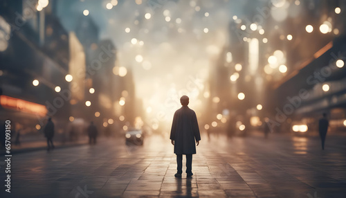 Lonely man walks the middle of the street during cold winter days with a set of glowing lights.