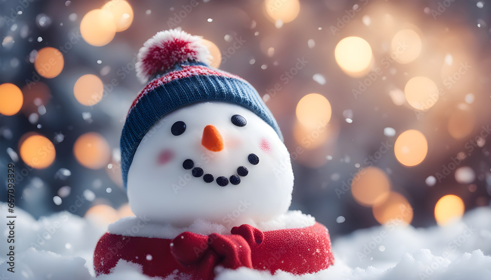Smiling snowman with red santa hat and scarf, snowman, christmas, winter
