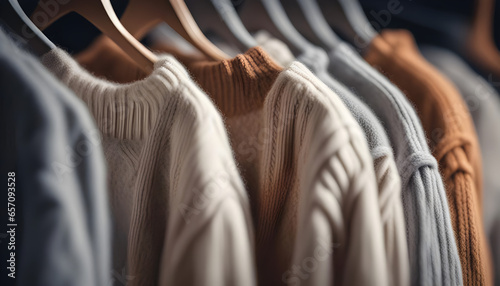 Row of Knitted, turtleneck sweaters hang on hangers. , clothes on hangers