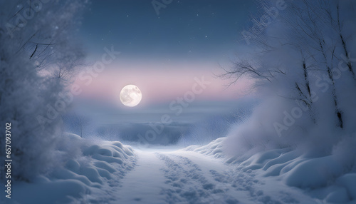 A serene snowy landscape beneath the soft glow of a winter moon, painting a tranquil and enchanting scene. Winter, merry christmas, new year, 2024 © PRO logo