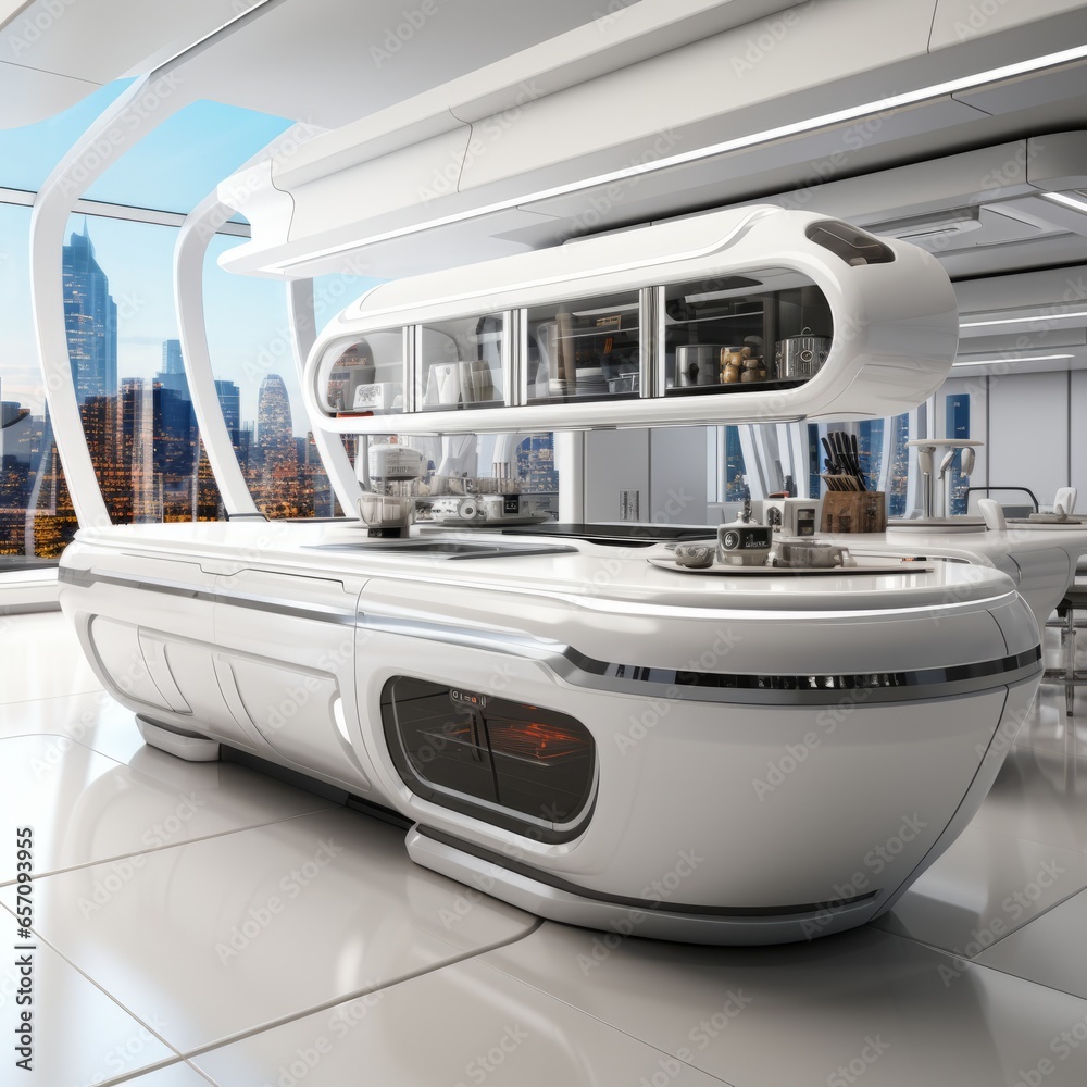 3D rendering of a futuristic kitchen with high-tech appliances PNG Cutout, Generative AI 3D rendering of a futuristic kitchen with high-tech appliances PNG Cutout, Generative AI